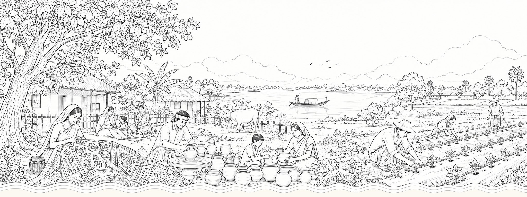 Panoramic illustration of rural community life and farming in Bangladesh