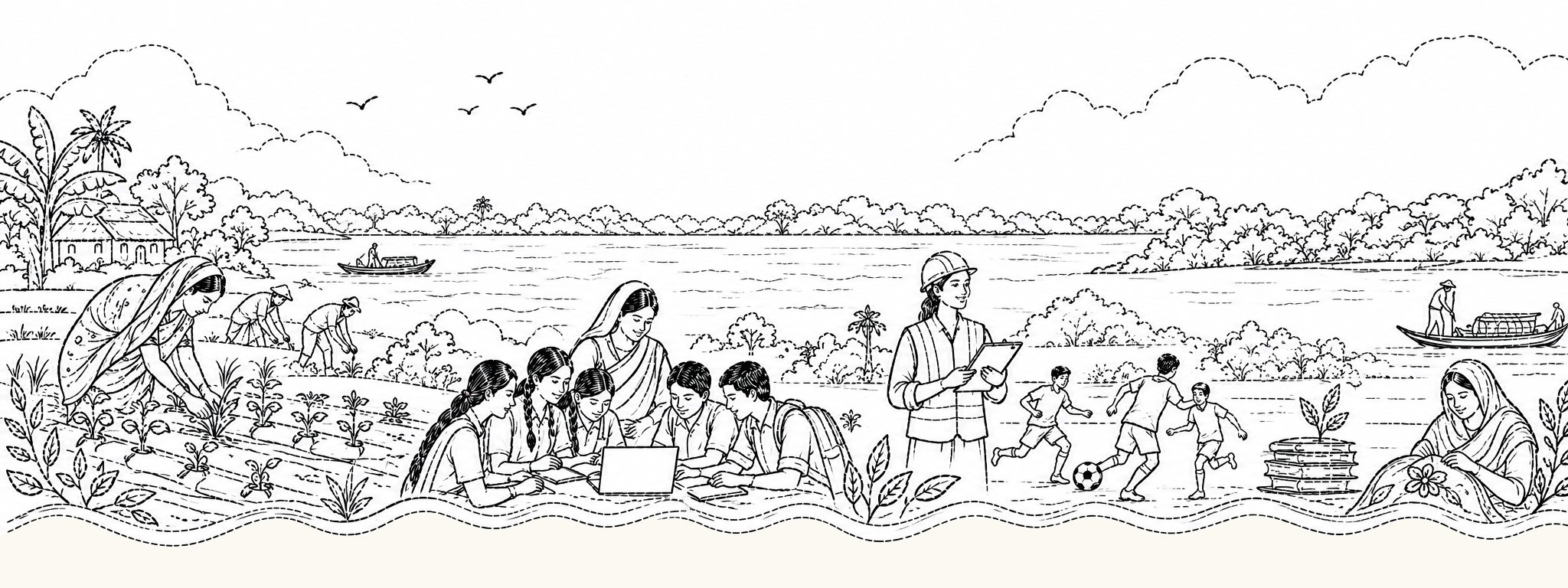 Hand-drawn illustration of teachers, students, engineers, and community workers