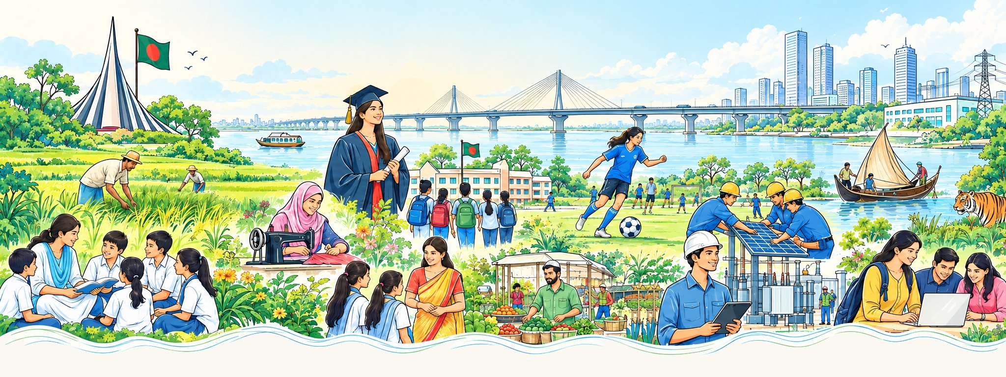Panoramic illustration of community life, education, agriculture, and future growth in Bangladesh
